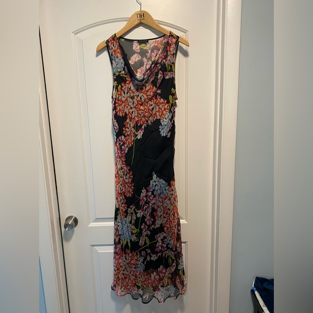 Natori 2 piece sheath with silk overlay Maxi Dress draped V-Neck Sleeveless sz L